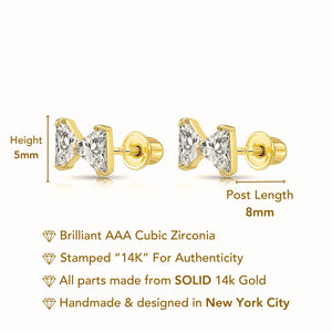 14K Solid Yellow Gold Triangle CZ Ribbon Bow Studs, Screwback