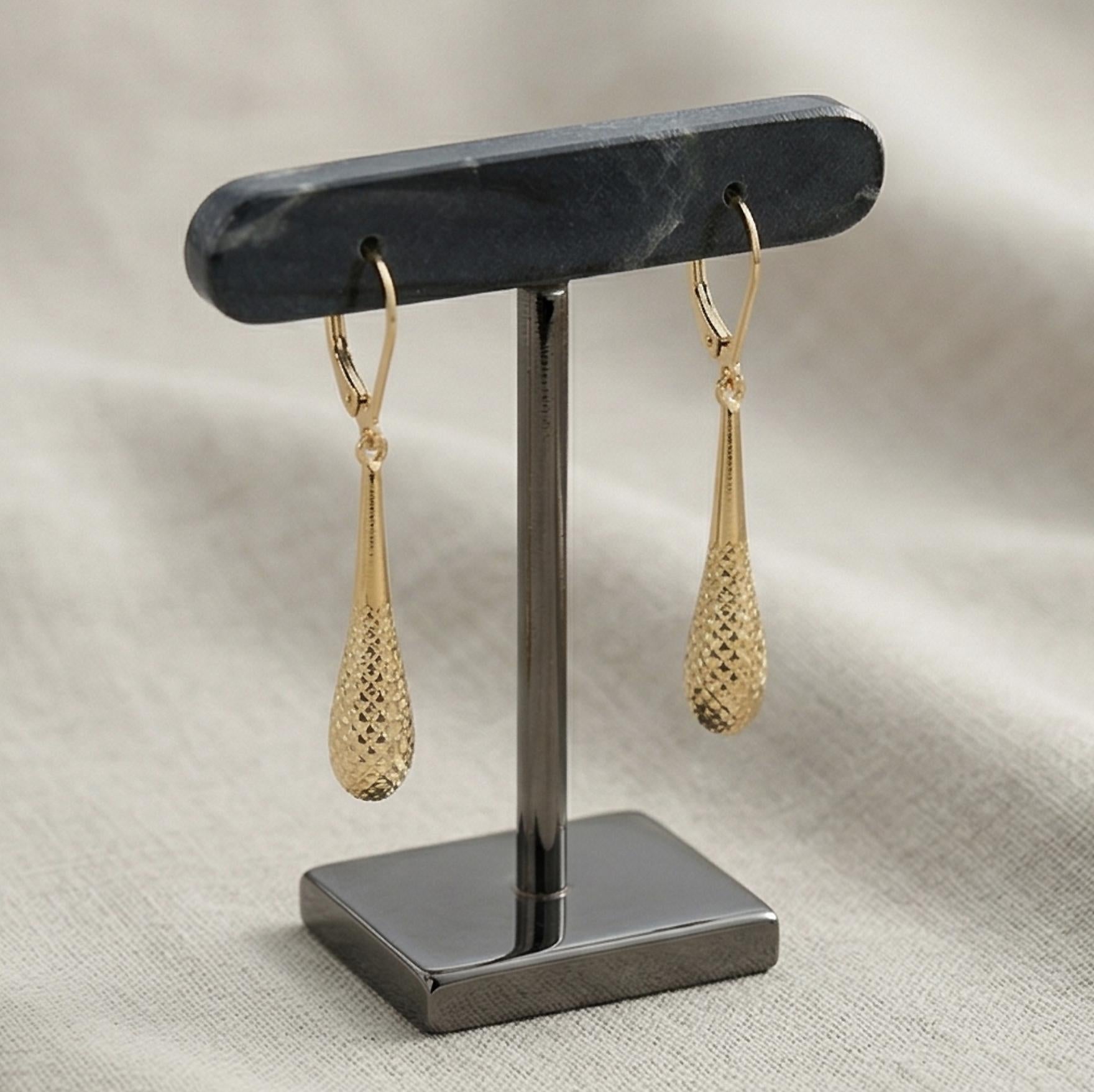 Teardrop Earrings— 14K Yellow Gold Diamond Cut, 1-3/4 Inch Leverback Drop Dangles