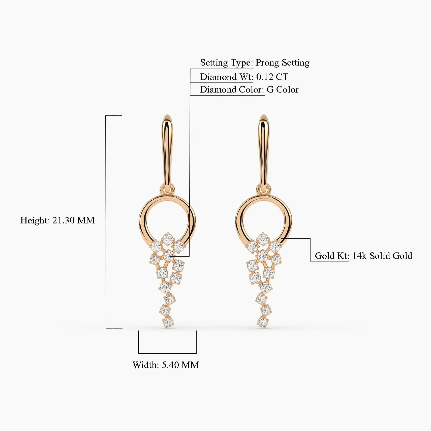 14K Solid Gold Diamond Drop Earrings, Dainty Dangle Drop Earrings, round Natural Diamond Earrings, Elegant Fine Jewelry, Dainty Earrings