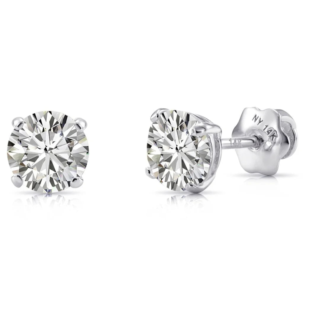 14K White Gold Classic Solitaire Simulated Diamond Studs, Screwback
