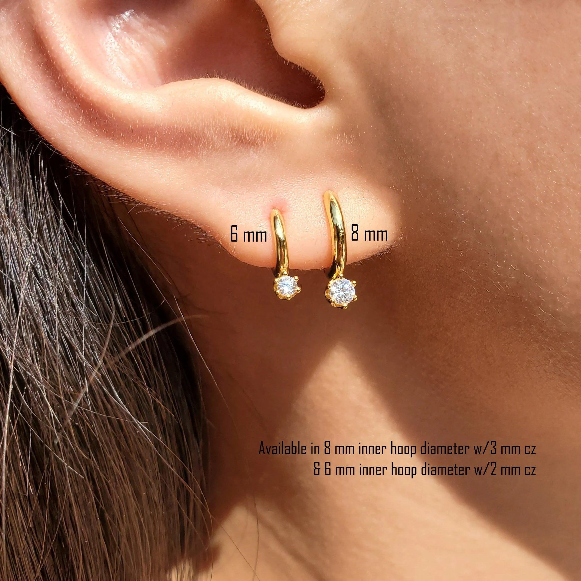 14K Gold Dainty CZ Diamond Huggie Hoop Earrings - Minimalist Everyday Wedding Jewelry.