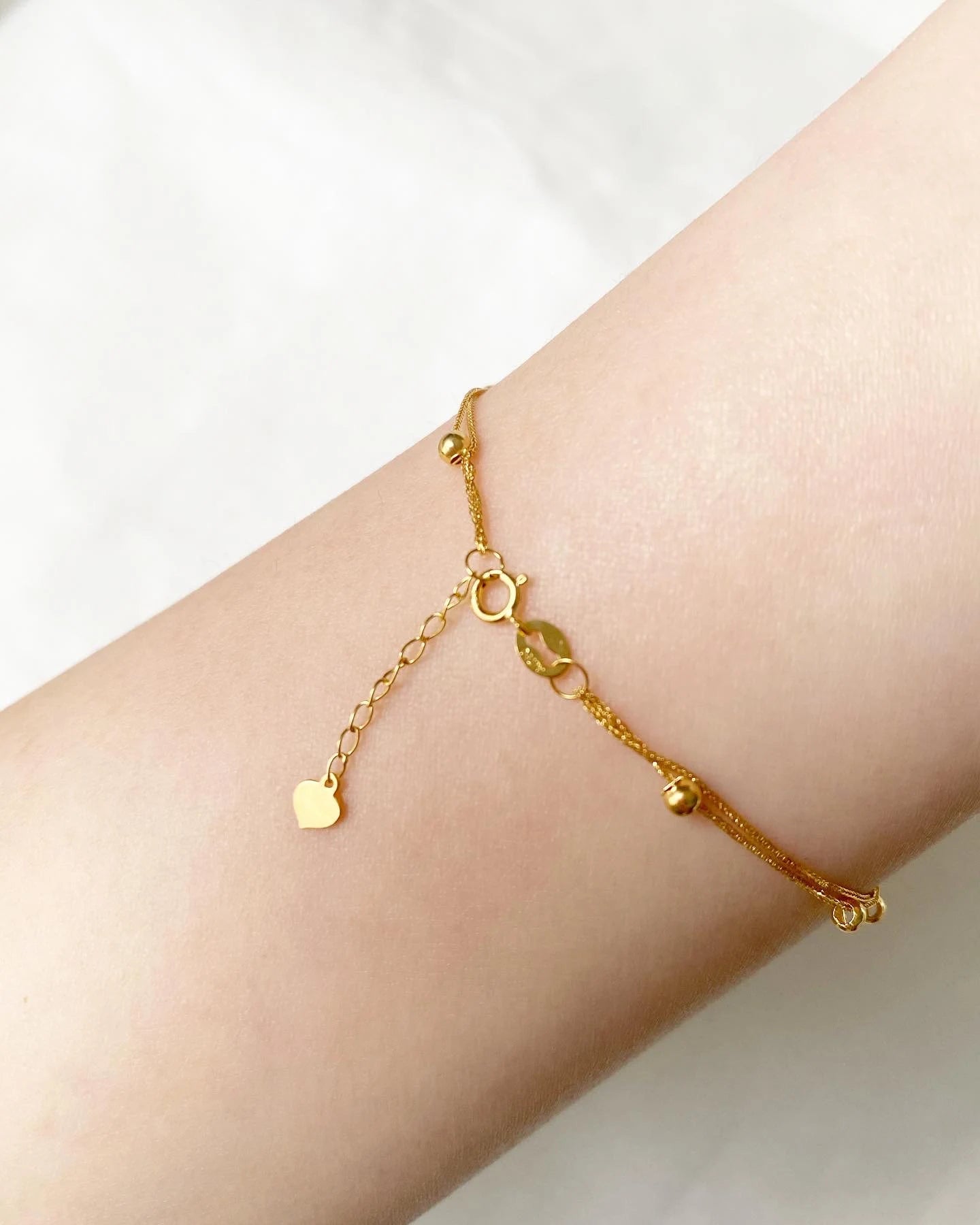18K Solid Gold Double Strand Beaded Bracelet, Dainty Layered Minimalist Jewelry