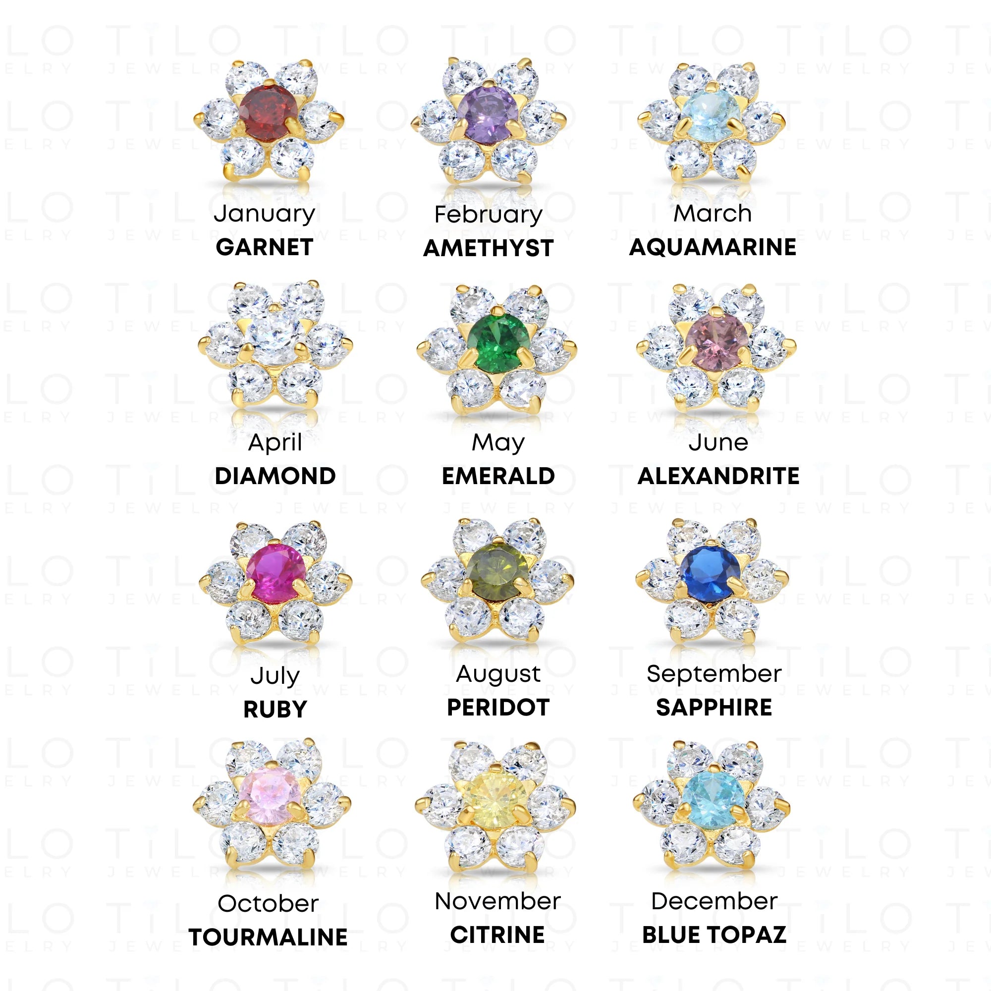 14K Yellow Gold Birthstone Halo Flower Stud Earrings, Available in 12 Colors