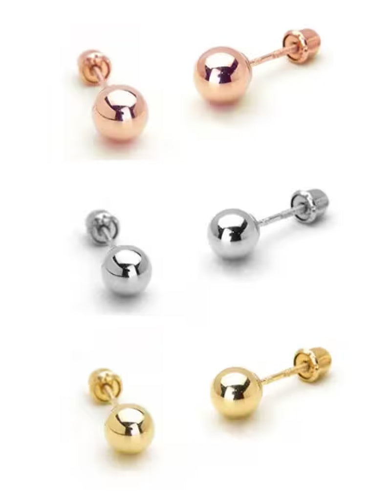 14K Solid Gold Ball Stud Earrings Screw Back 3Mm 4Mm 5Mm 6Mm 7Mm 8Mm Ball Studs Dainty Ball Studs Kids Studs | White, Yellow or Rose Gold