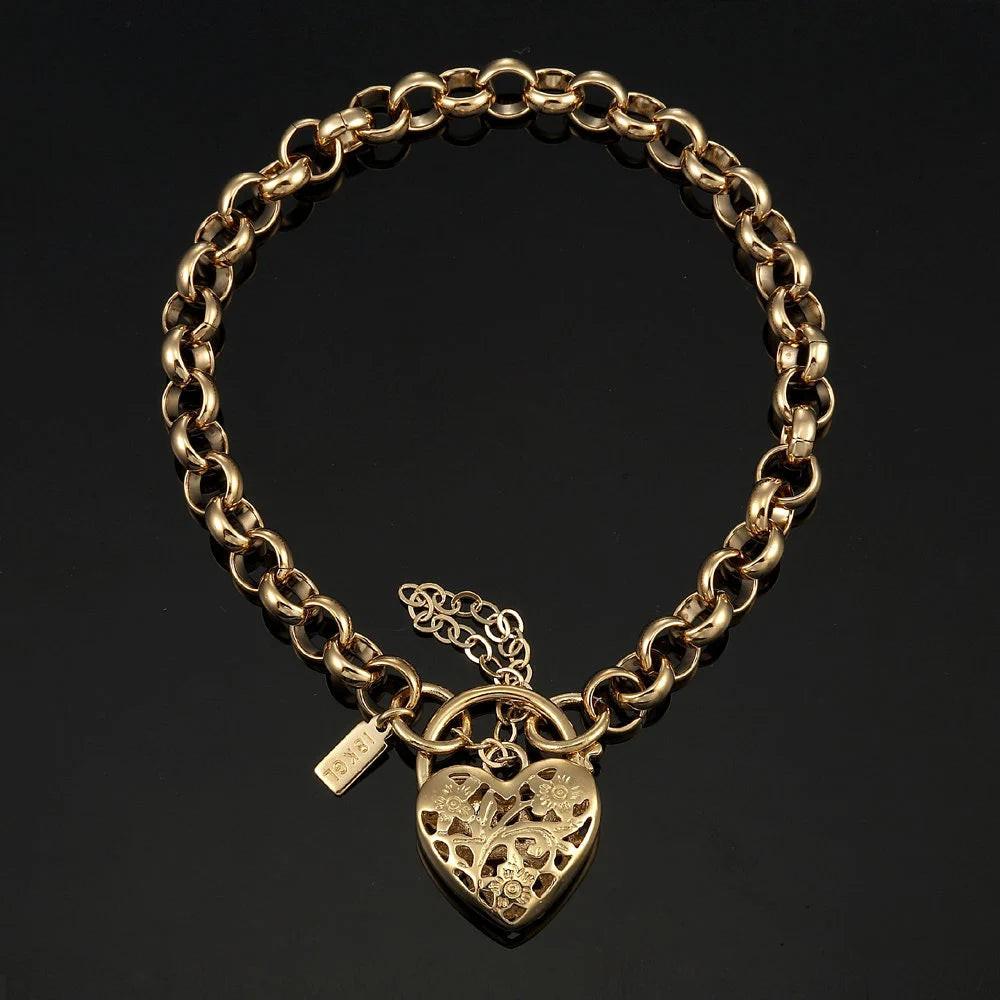 18K Solid Yellow Gold Belcher Bracelet with Filigree Heart Padlock – Elegant Women’s Jewelry.