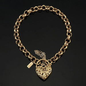 18K Solid Yellow Gold Belcher Bracelet with Filigree Heart Padlock – Elegant Women’s Jewelry.