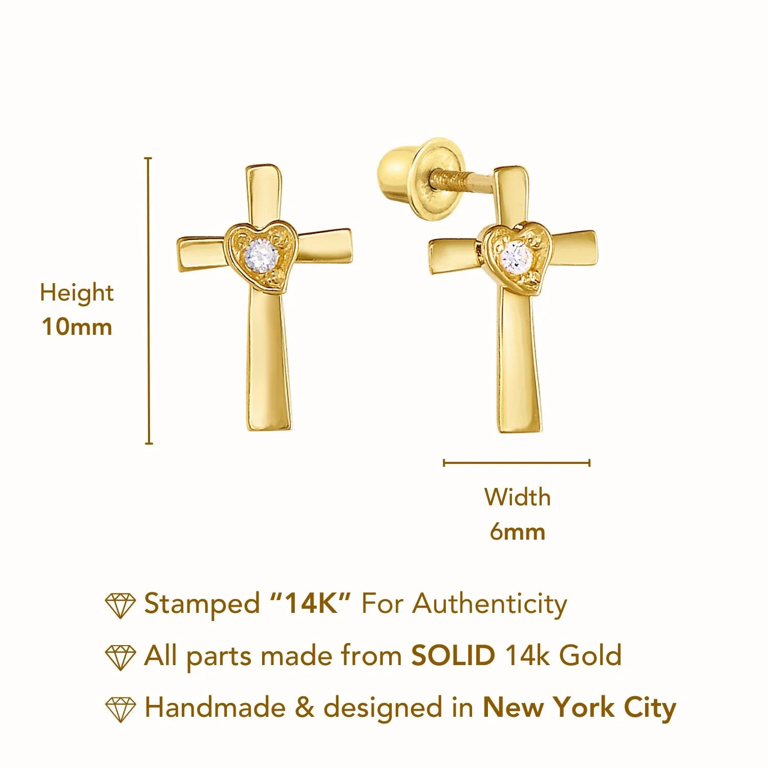 14K Gold CZ Cross Stud Earrings with Screwbacks