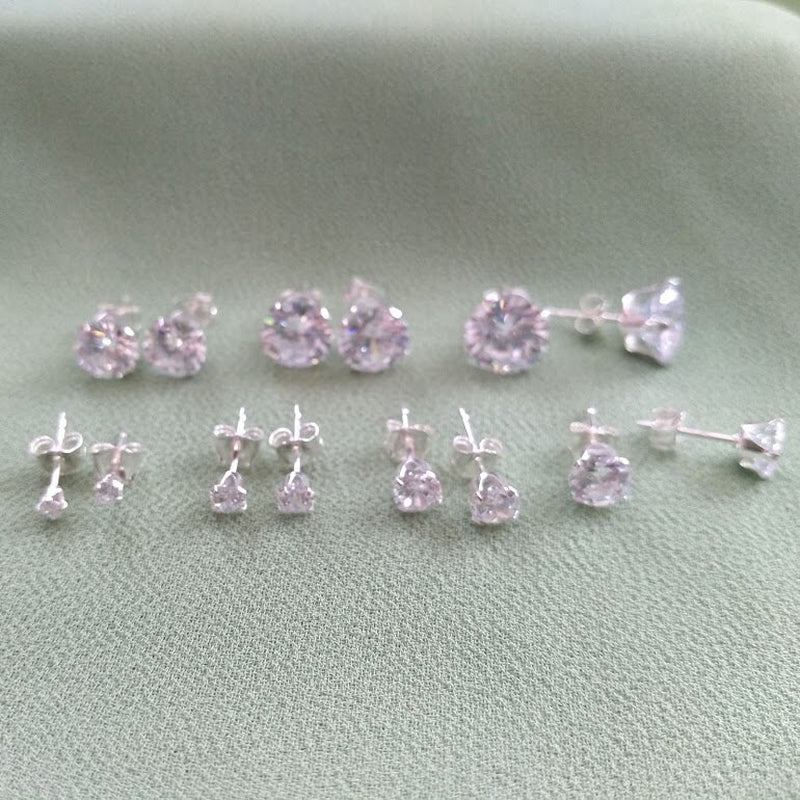 925 Sterling Silver Clear round Cubic Zirconia CZ Stud Earrings 2 - 8Mm + Gift Bag