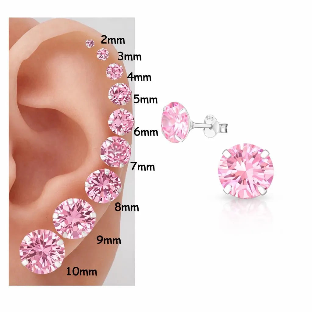 925 Sterling Silver Pink Earrings Studs round One Pair Fast Shipping