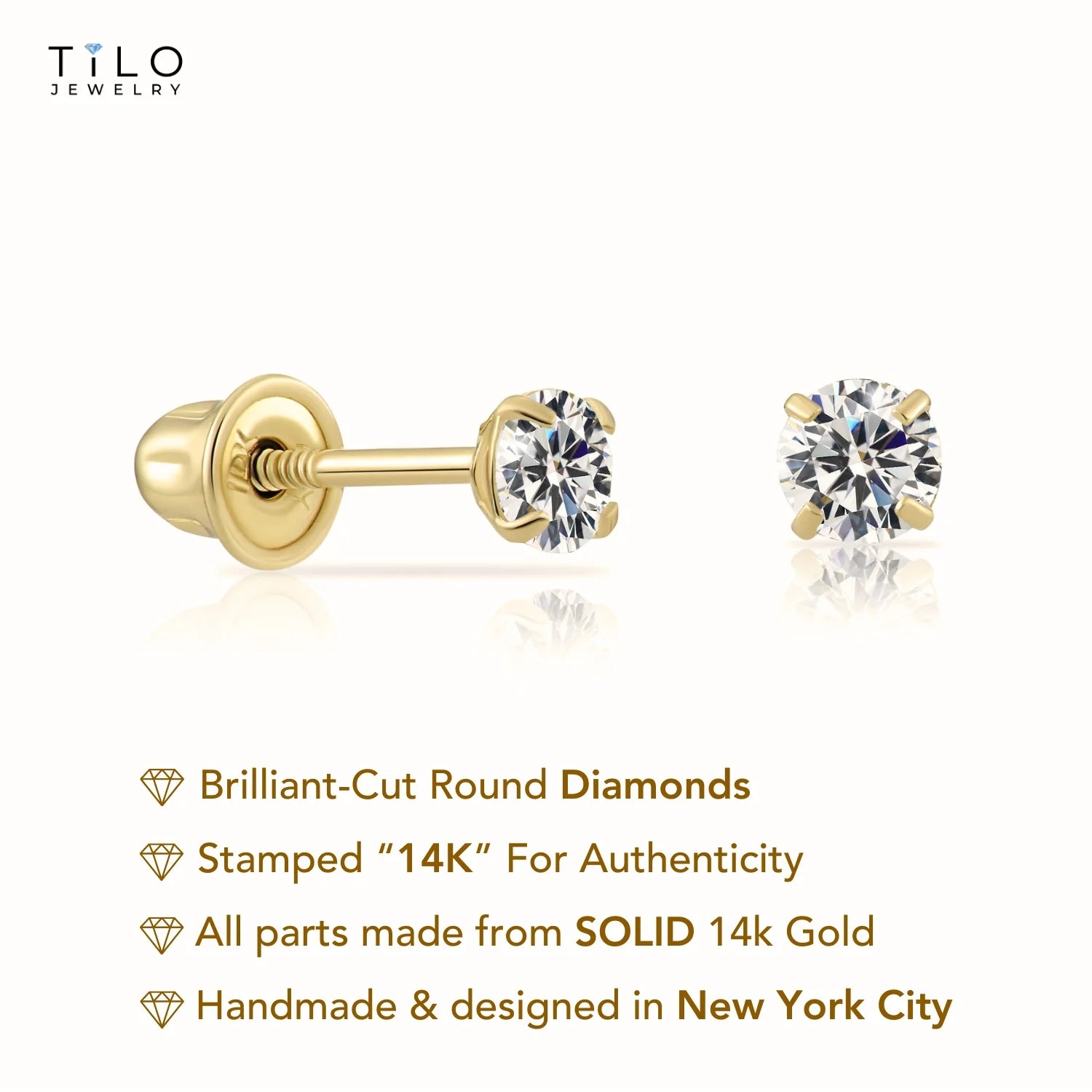 14K Yellow Gold Lab Diamond Stud Earrings, CVD Brilliant Solitaire round Diamond Studs, Screwback