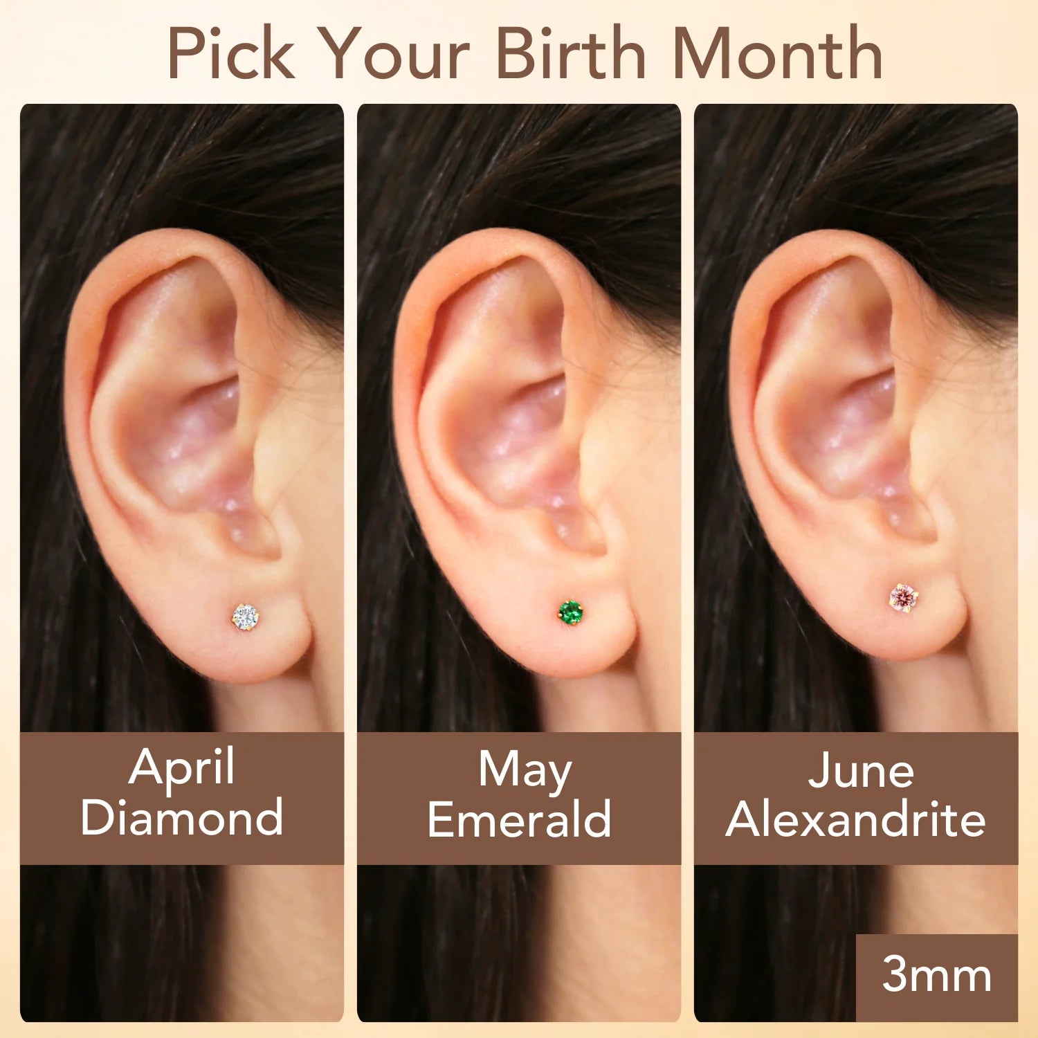 14K Yellow Gold Birthstone Solitaire Stud Earrings, 3Mm, Available in 12 Colors