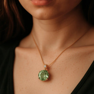 Elegant 14K Yellow Gold Green Amethyst & Diamond Pendant Necklace.