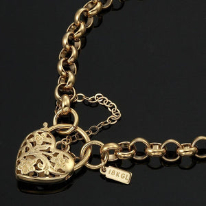 18K Solid Yellow Gold Belcher Bracelet with Filigree Heart Padlock – Elegant Women’s Jewelry.