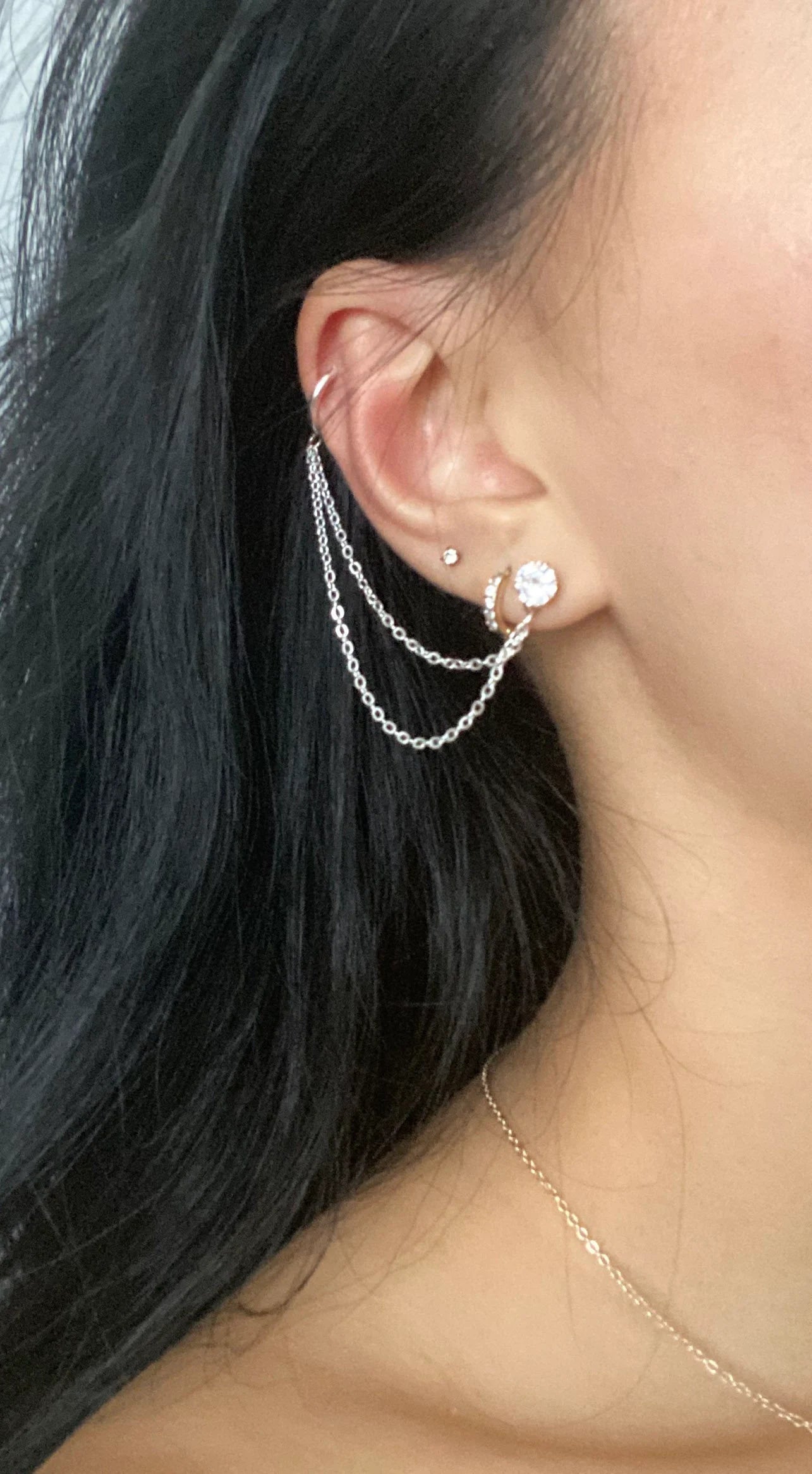 Diamond Chain Ear Cuff, Diamond Stuff, Chain Ear Cuff, Diamond Ear Cuff, Chain Earring, Double Earring, Silver Ear Cuff