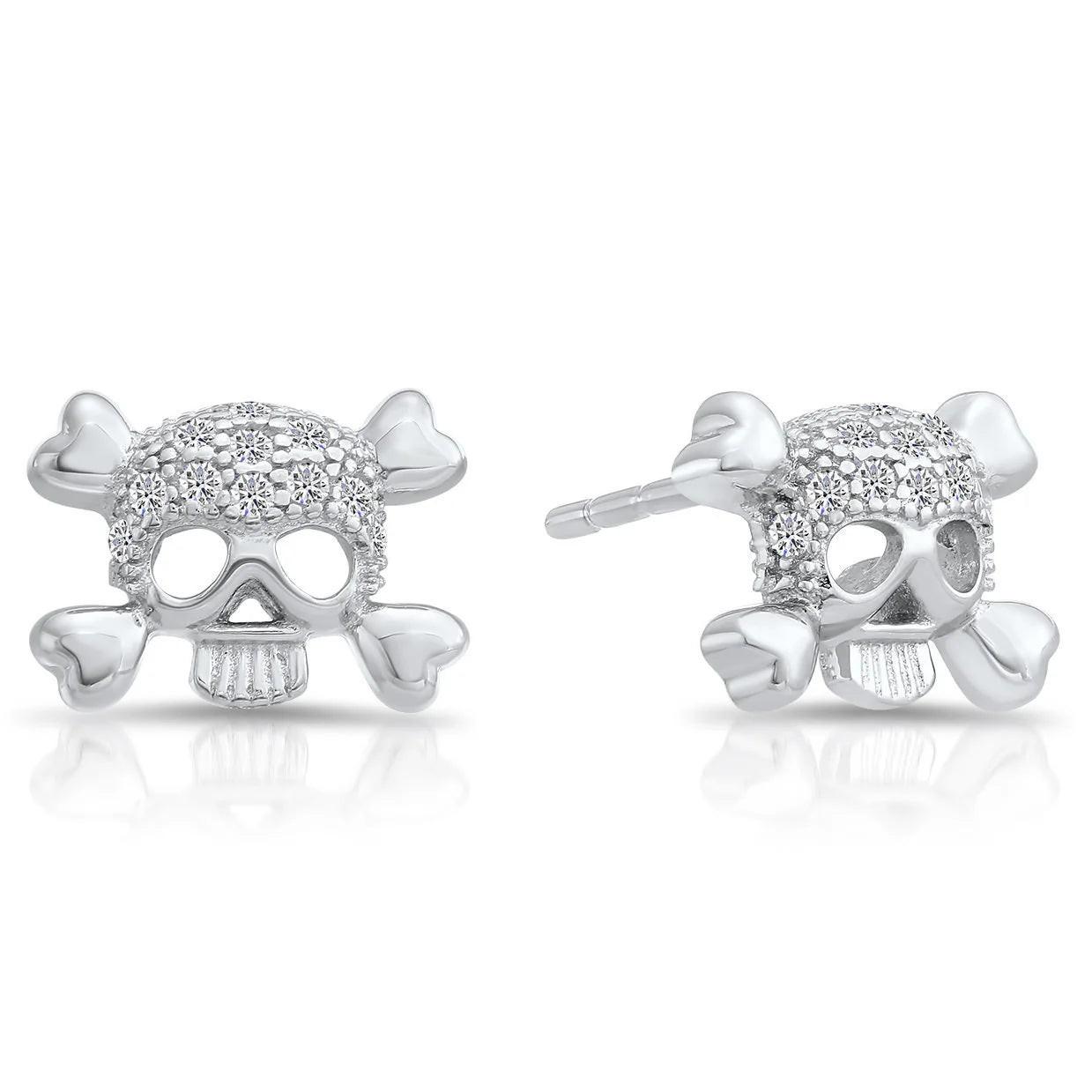 Dazzling CZ Sterling Silver Skull and Bones Stud Earrings.