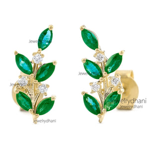 Emerald Leaf Climber Earrings: 18K Gold Diamond Cuff, Handmade