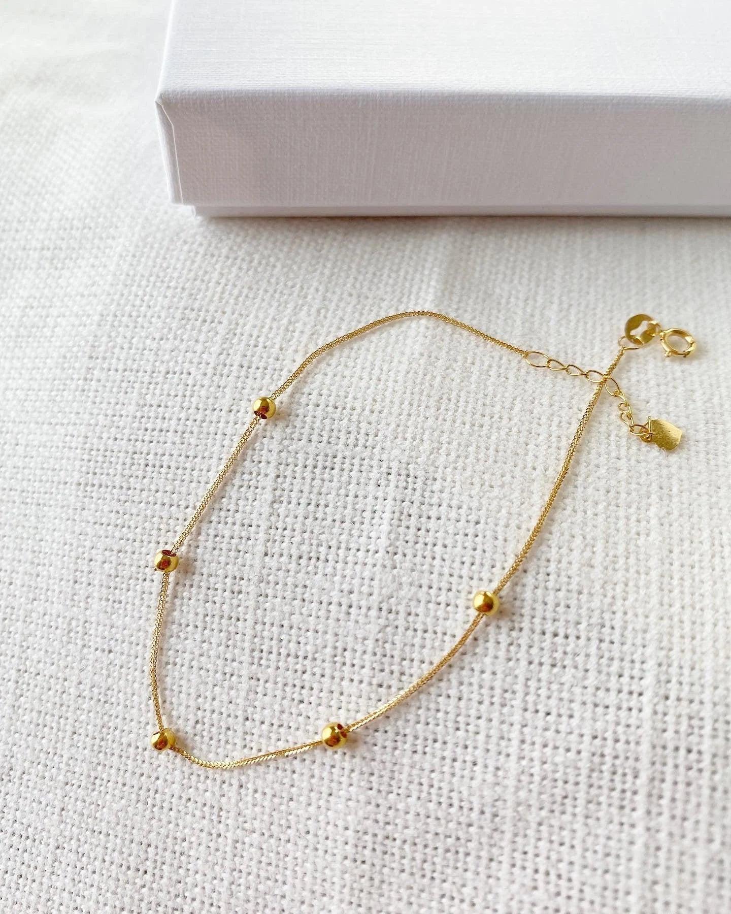 Elegant 18K Solid Gold Beaded Bracelet - Adjustable Minimalist Dainty Chain Jewelry.