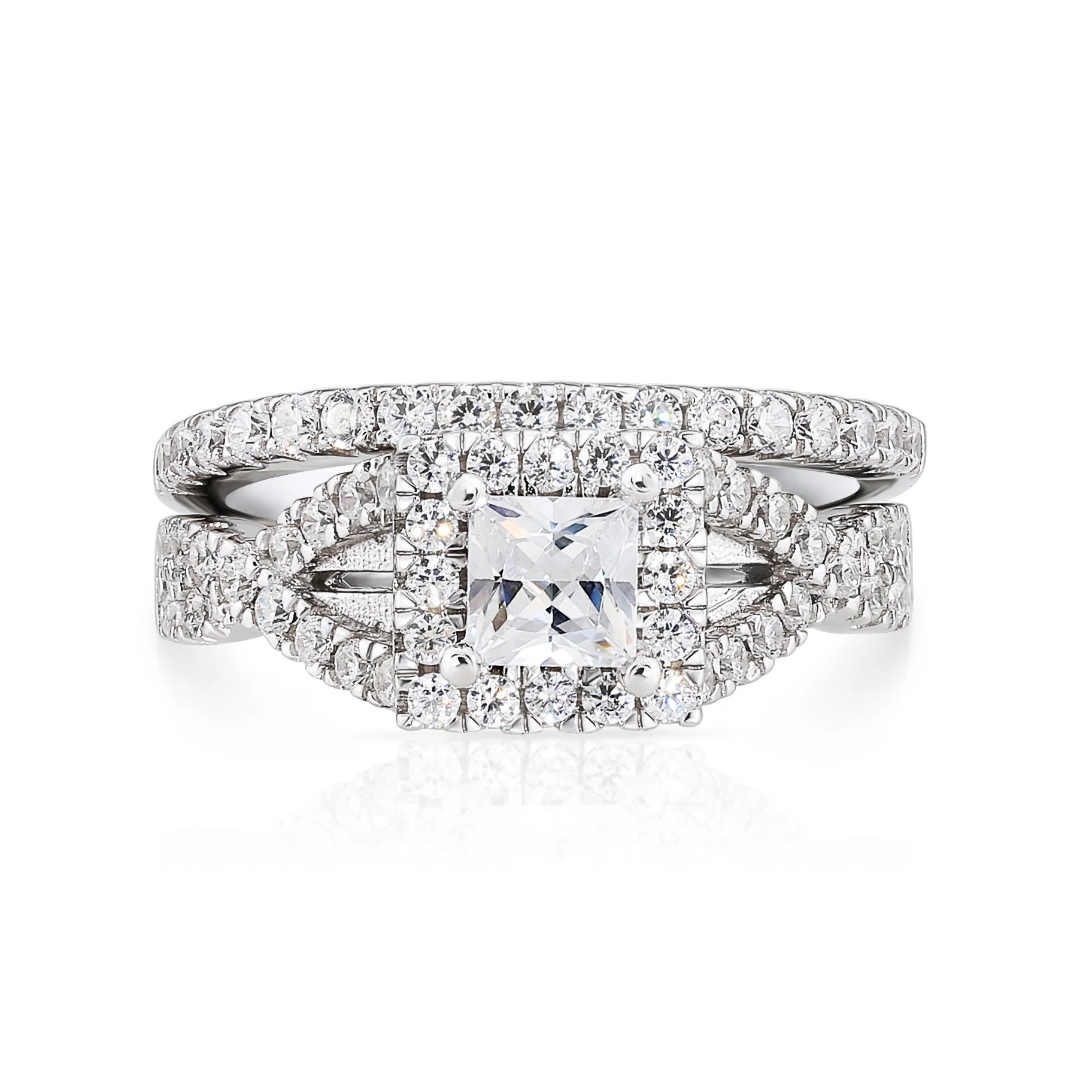 925 Sterling Silver Engagement Ring Set, 2 Carat Total, Princess Square-Cut Cubic Zirconia Ring with Halo Setting, Two Tier Stackable Ring