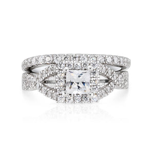 925 Sterling Silver Engagement Ring Set, 2 Carat Total, Princess Square-Cut Cubic Zirconia Ring with Halo Setting, Two Tier Stackable Ring