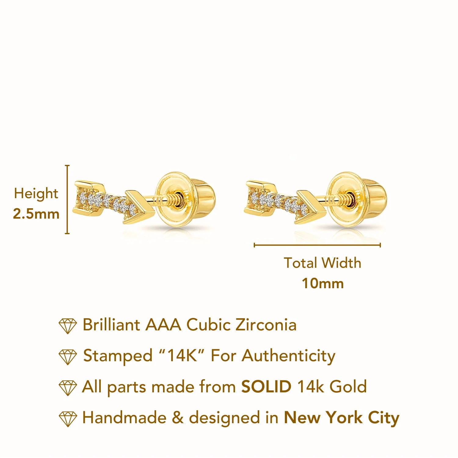 14K Solid Yellow Gold Tiny CZ Arrow Studs, with Screw on Screwbacks
