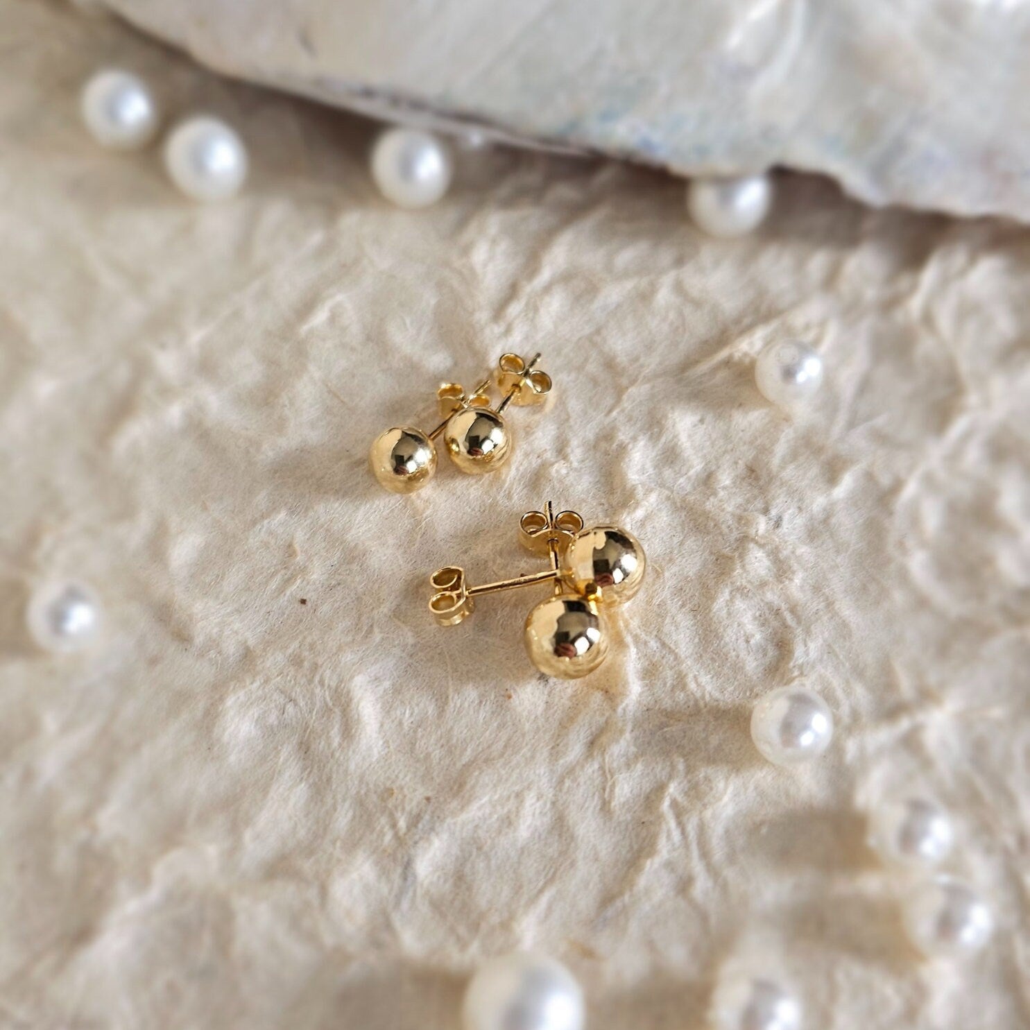14K Solid Gold Ball Stud Earrings: Minimalist Bead Studs