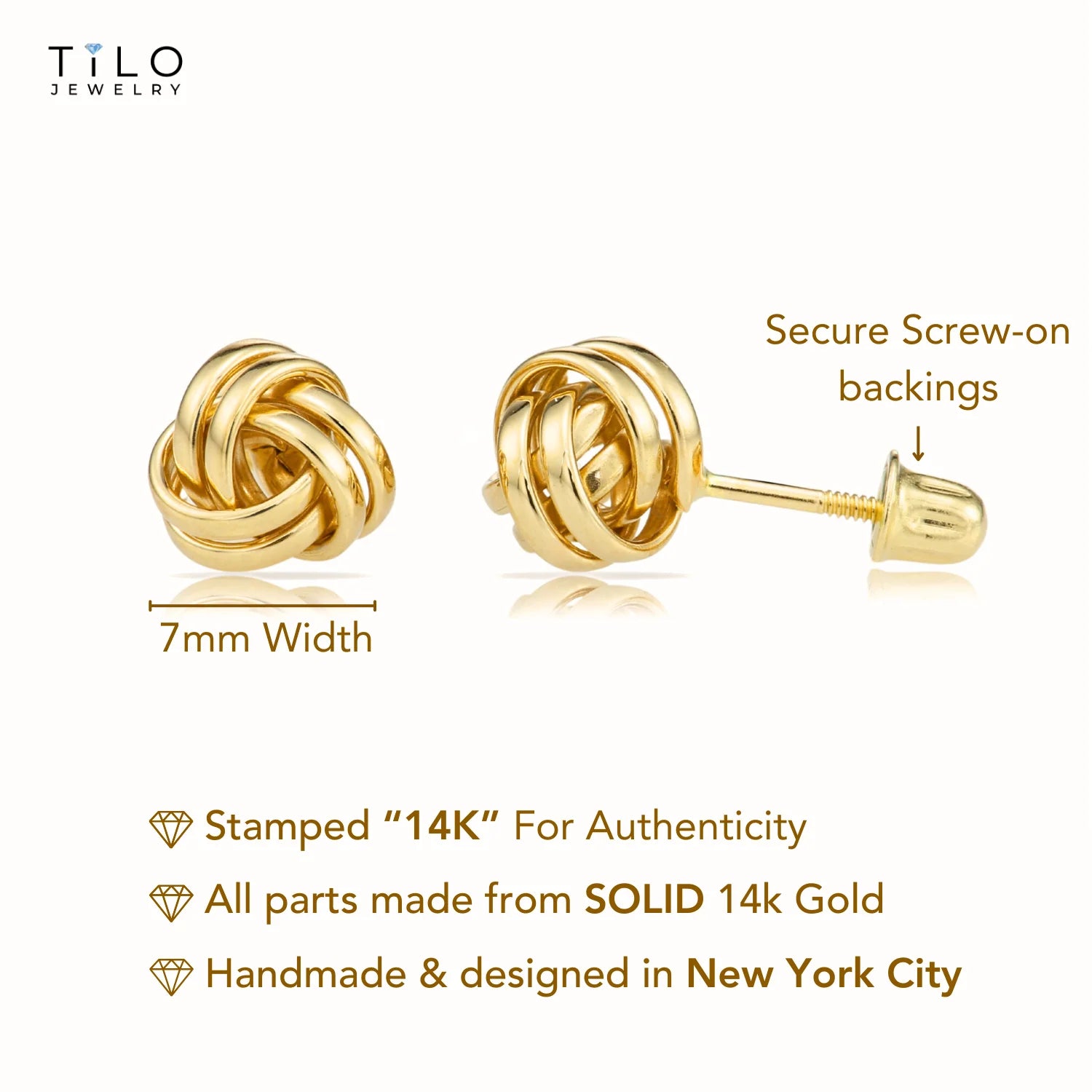 14K Gold Polished Love Knot Stud Earrings with Screwbackings, 7Mm