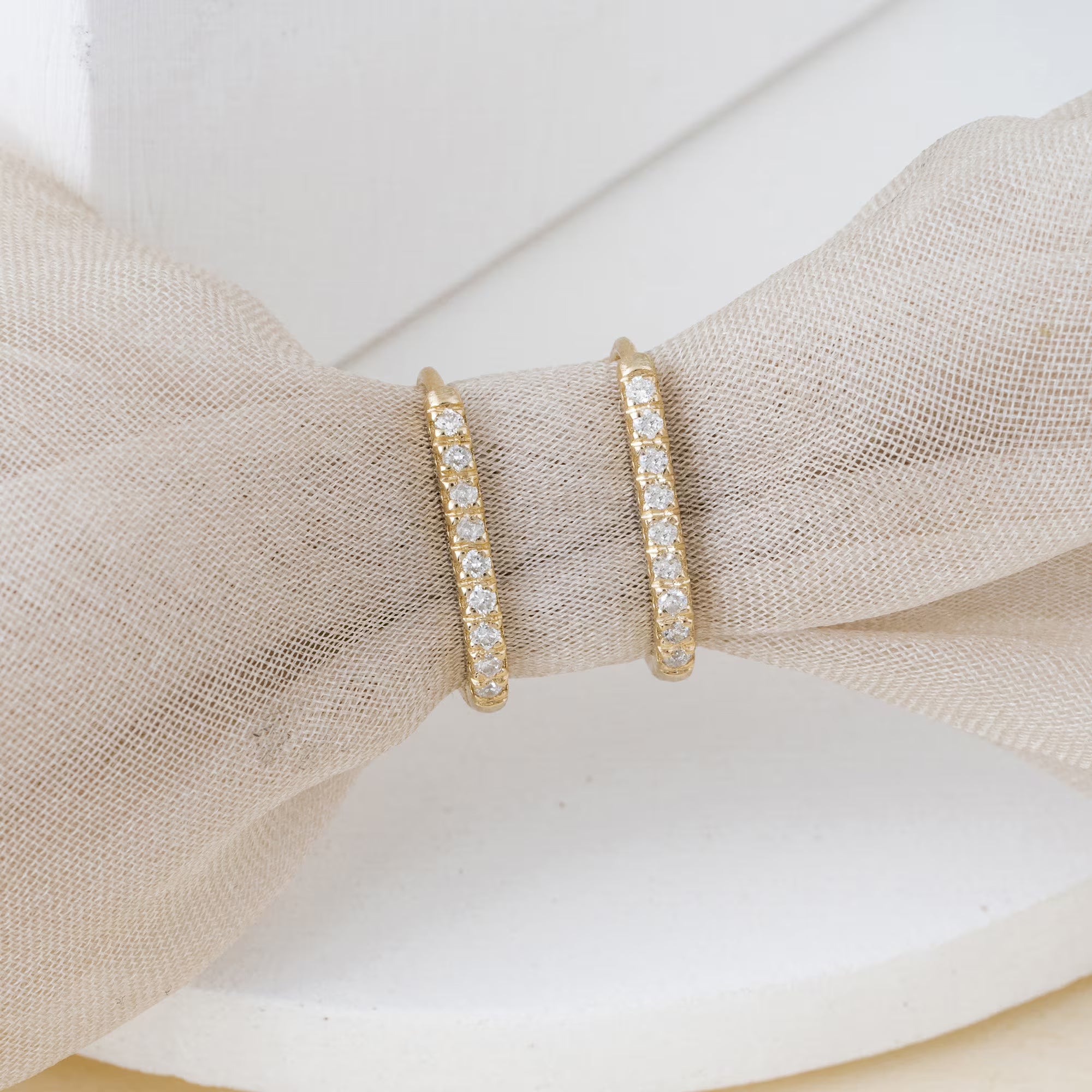 14K Gold Diamond Huggie Earrings, Micro Pave U-Hoop