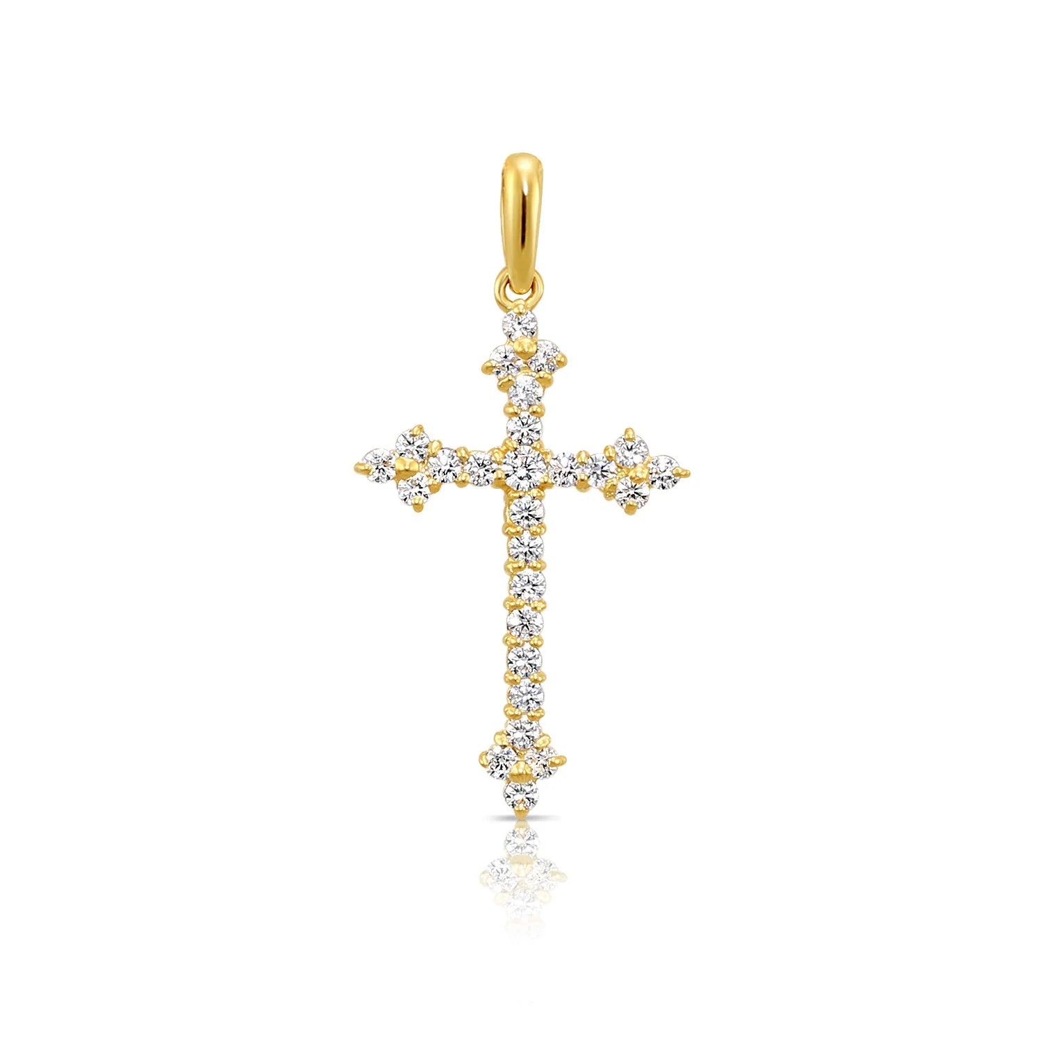 14K Yellow Gold CZ Cross Pendant Necklace