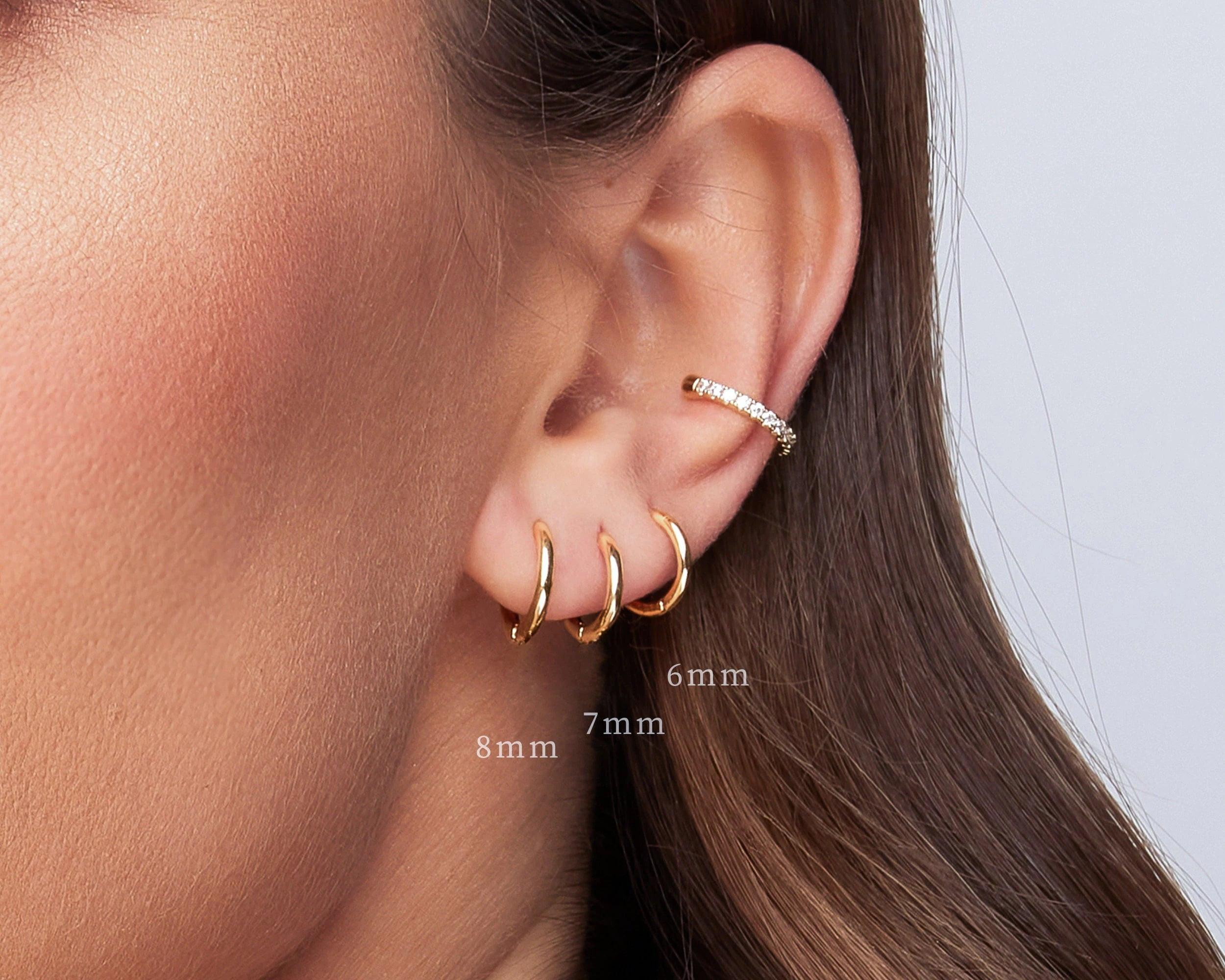 Dainty Sterling Silver and Gold Minimalist Cartilage Huggie Hoop Earrings Set.