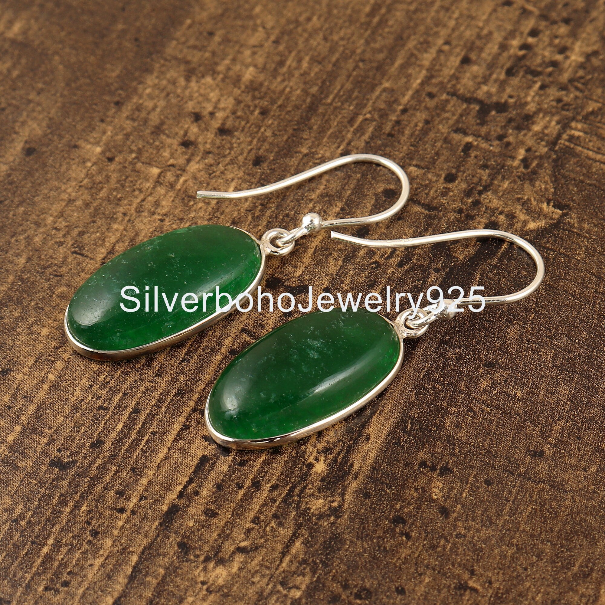 Green Jade Earrings: Oval Cabochon, 925 Sterling Silver Bezel