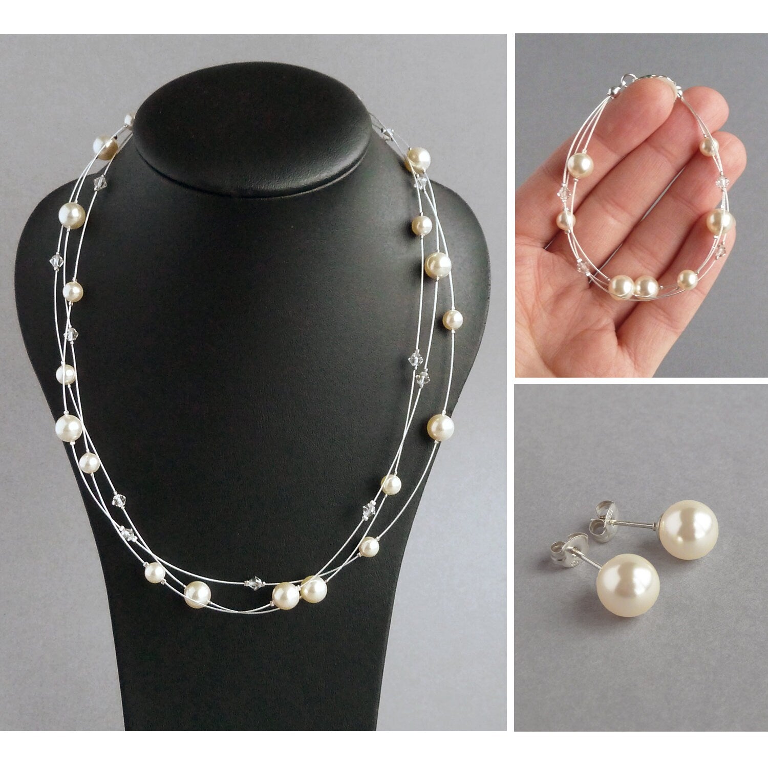 8Mm Cream Pearl Stud Earrings - round Cream Swarovski Pearl Ball Studs - Ivory Wedding Jewellery for Brides/Bridesmaids - Gifts for Her
