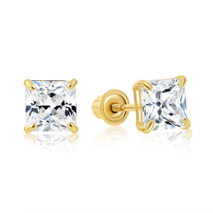 Elegant Set of 3! Solid 14K Gold Square Stud Earrings with Princess Cut Cubic Zirconia - Yellow & White Gold Screw-Backs.