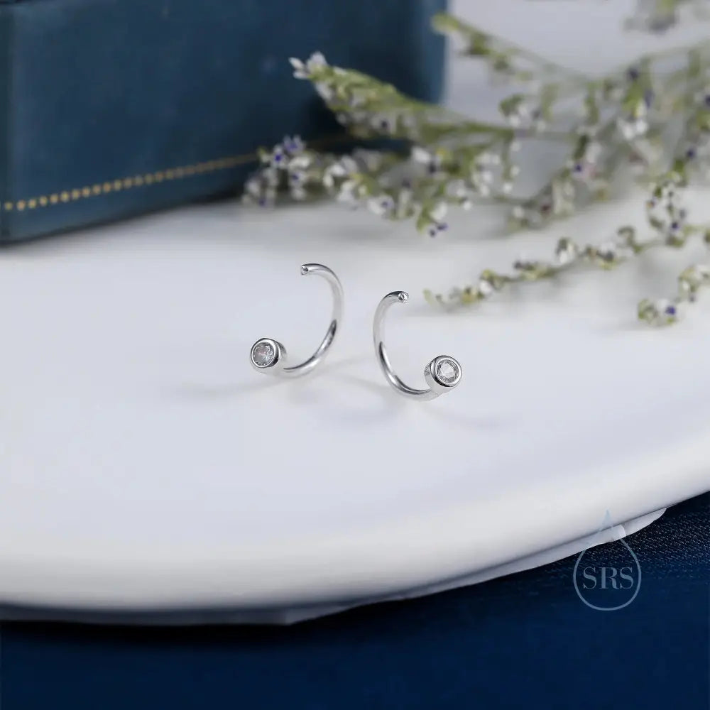 2Mm Diamond CZ Huggie Hoop Earrings in Sterling Silver, Silver, or Gold, Half Hoop, Open Hoop, Pull Through, Dainty Earrings