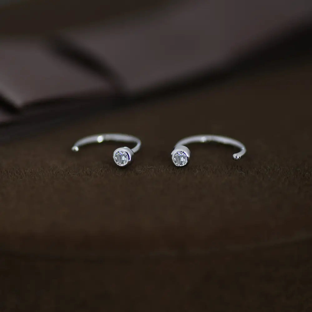 2Mm Diamond CZ Huggie Hoop Earrings in Sterling Silver, Silver, or Gold, Half Hoop, Open Hoop, Pull Through, Dainty Earrings