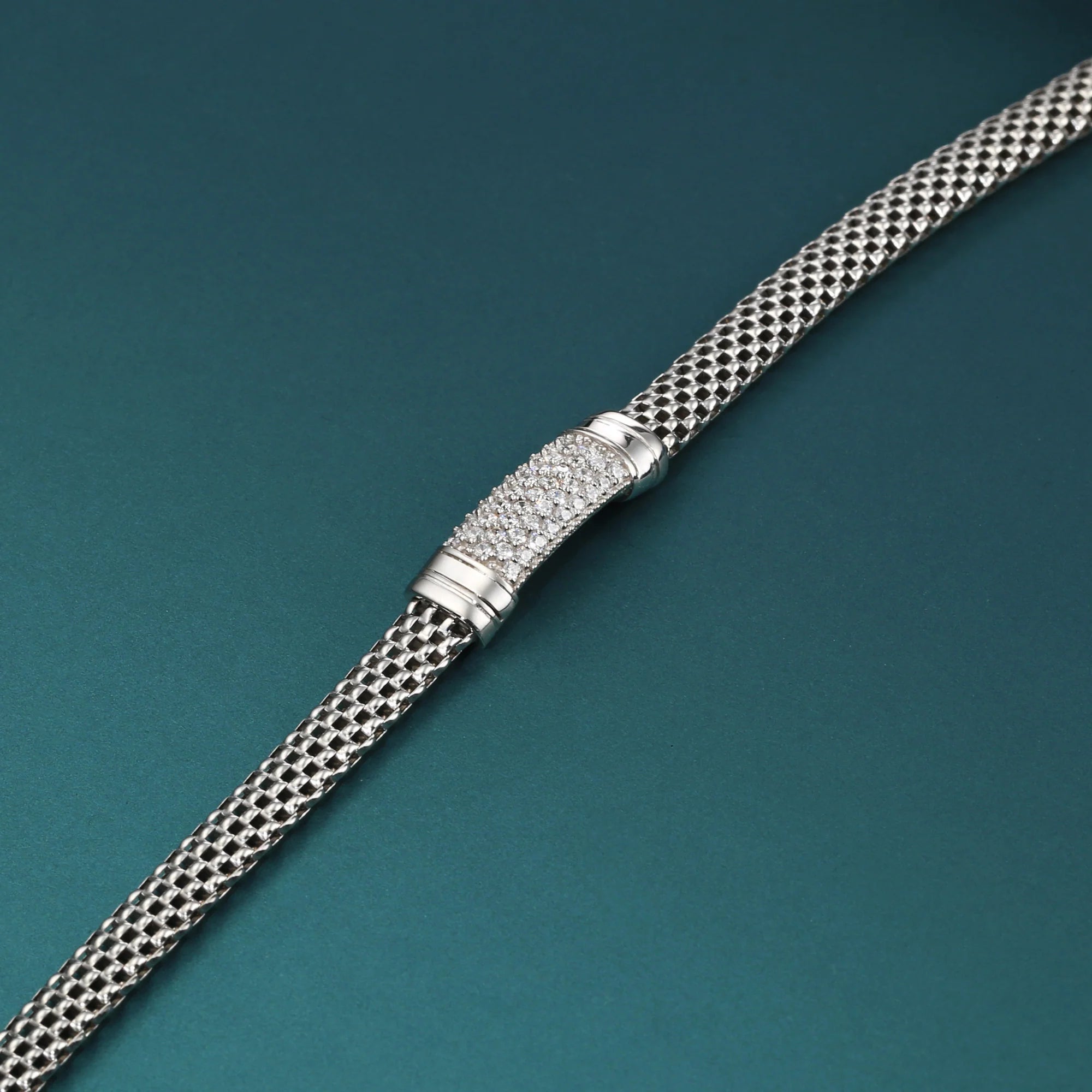 Sterling Silver Italian CZ Bar Bracelet, Handmade with a Secure Lobster Lock, (7.5")
