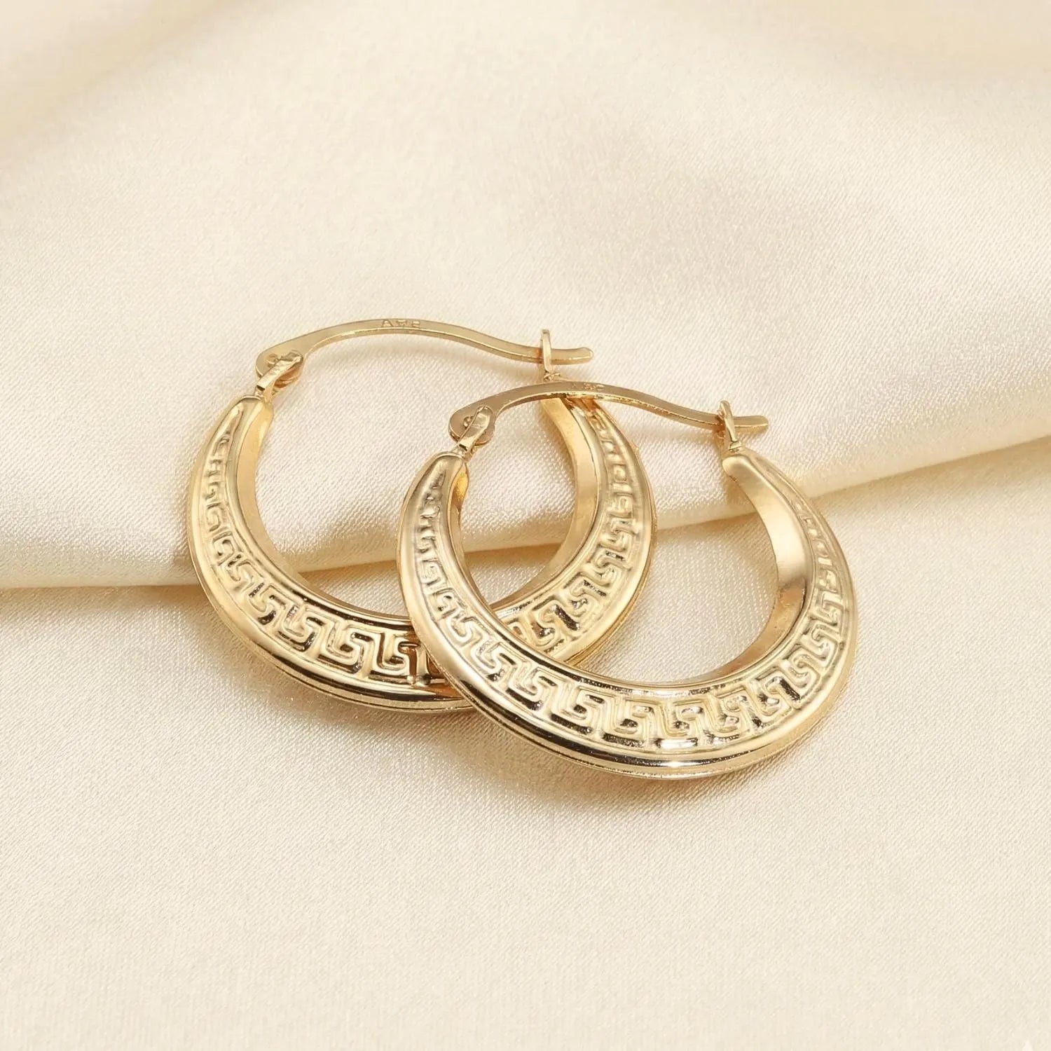 14K Yellow Gold Greek Key Curved round Creole Hoops Earrings, Secure Latch-Back Designer Hoops, by TILO Jewelry