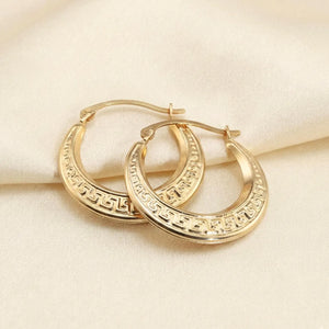14K Yellow Gold Greek Key Curved round Creole Hoops Earrings, Secure Latch-Back Designer Hoops, by TILO Jewelry