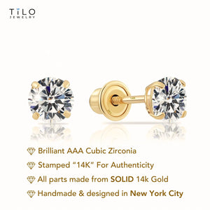 14K Yellow Gold Solitaire round Cubic Zirconia Stud Earrings in Secure Screw-Backs, Sleeper Cz Studs, Unisex, by TILO Jewelry