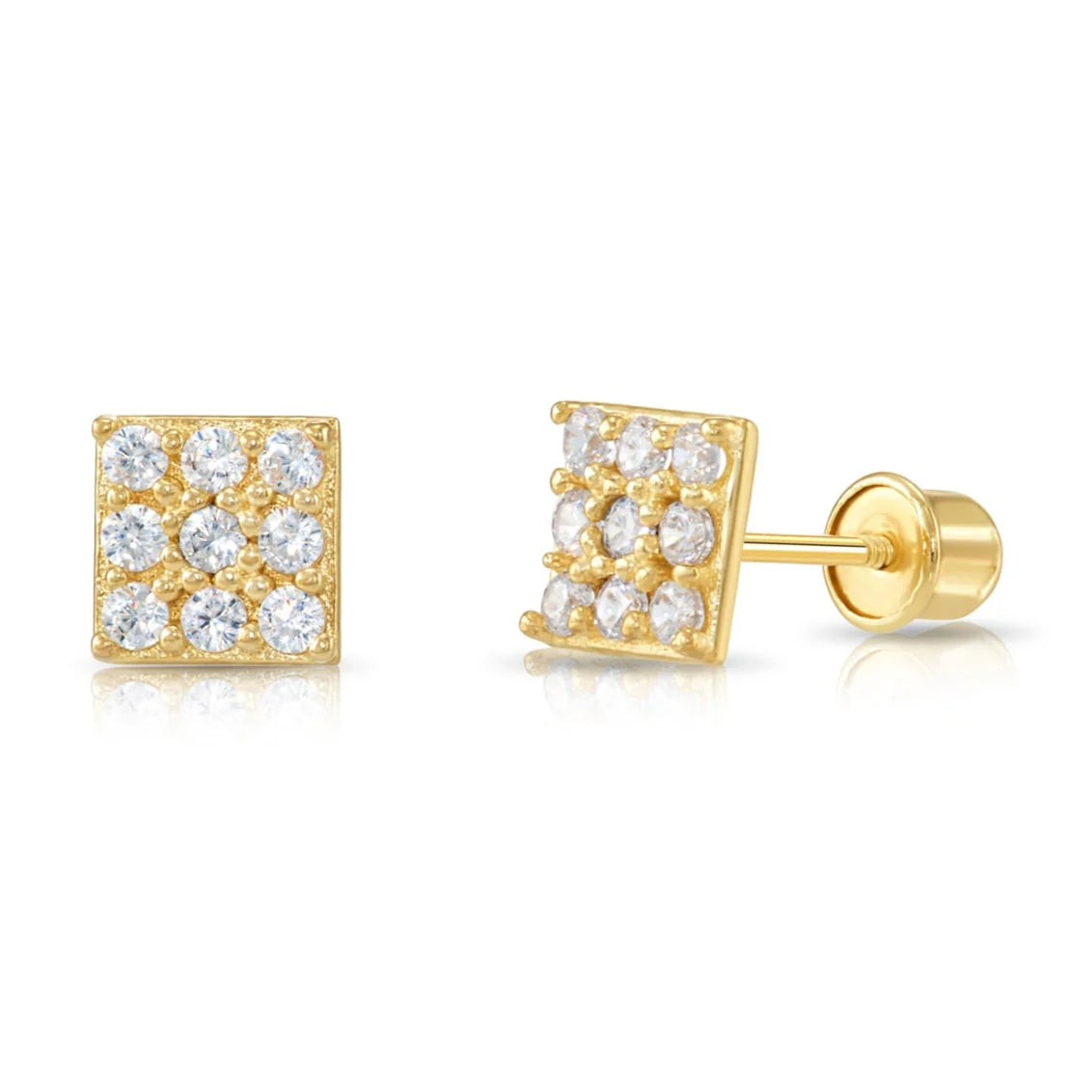 14K Gold Square CZ Stud Earrings, Screwback