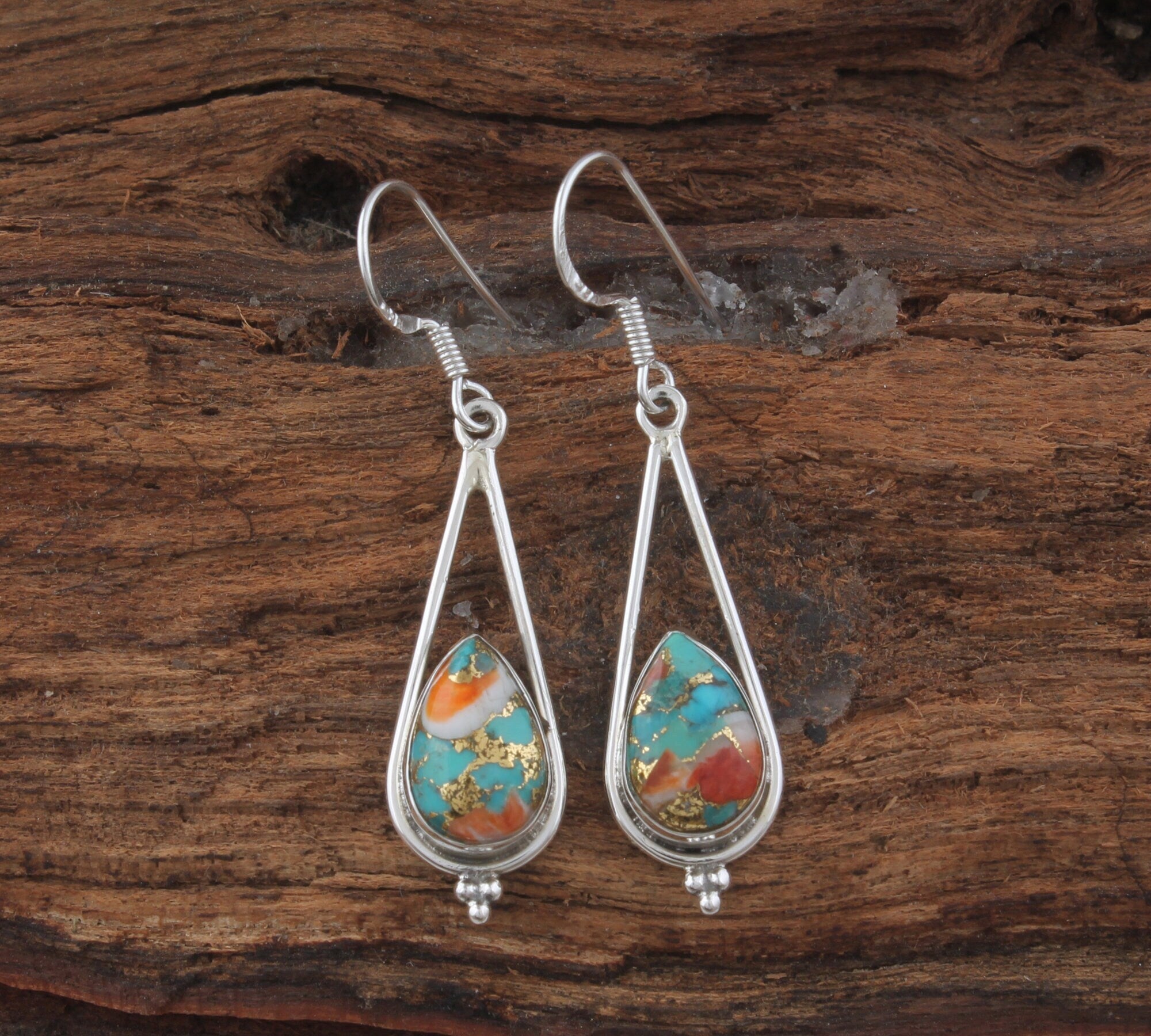 Oyster Copper Turquoise Pear Earrings: Handmade Sterling Silver Boho Jewelry