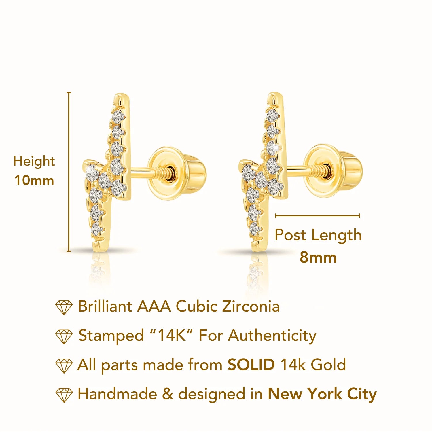 14K Solid Yellow Gold Lightning Bolt Studs, with Screw on Screwbacks