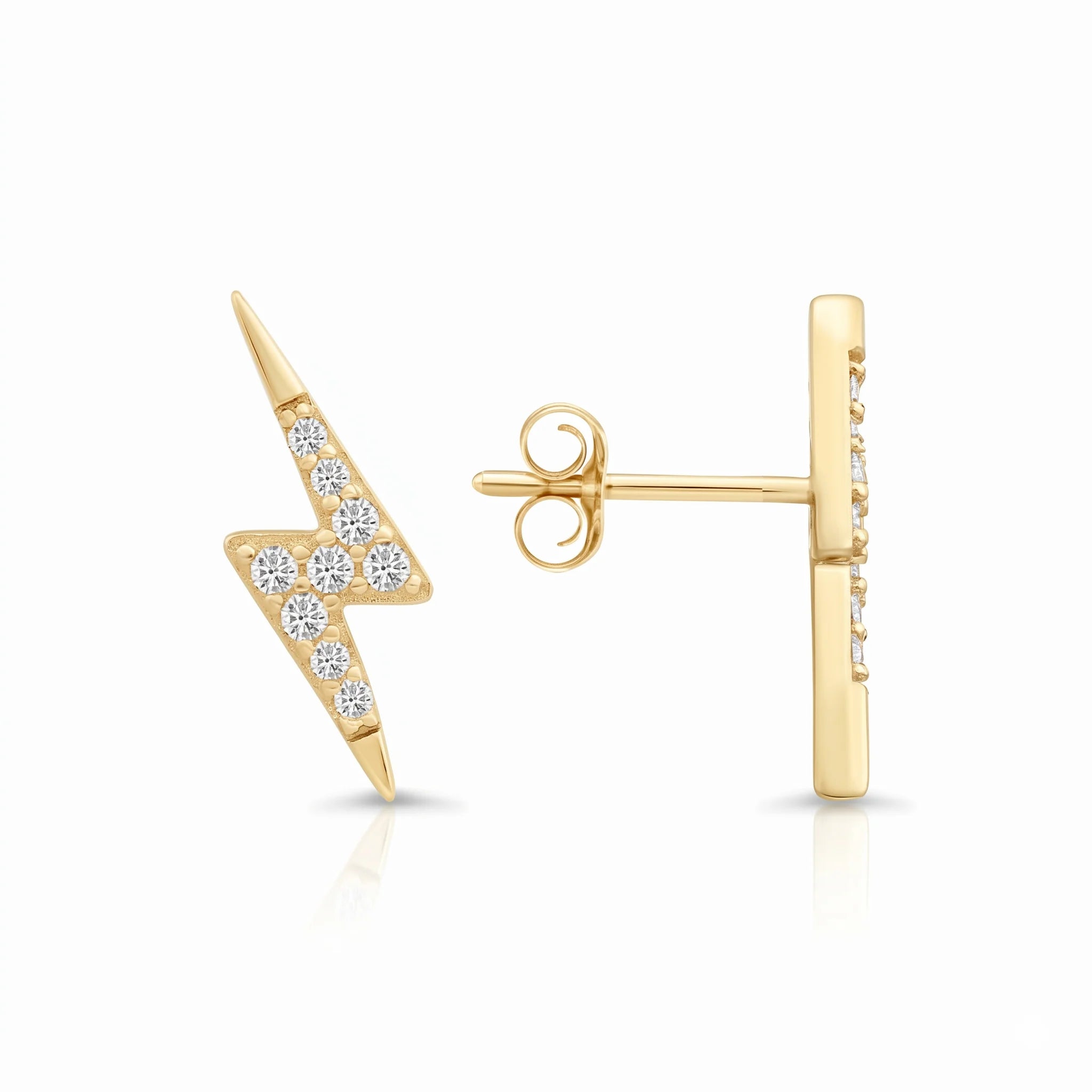 Sterling Silver Gold Plated Lightning Bolt CZ Stud Earrings, Pushback