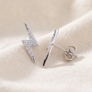 Sparkling Sterling Silver Lightning Bolt CZ Stud Earrings - Chic Pushback Design.
