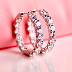 Hinged Hoop inside Out Earrings Set with round Simulated Diamonds 5A Cubic Zirconia in Rhodium Plated Sterling Silver 3Cm Diameter