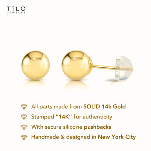 14K Yellow Gold Ball Stud Earrings, Silicone Covered Gold Push Backings (Unisex)