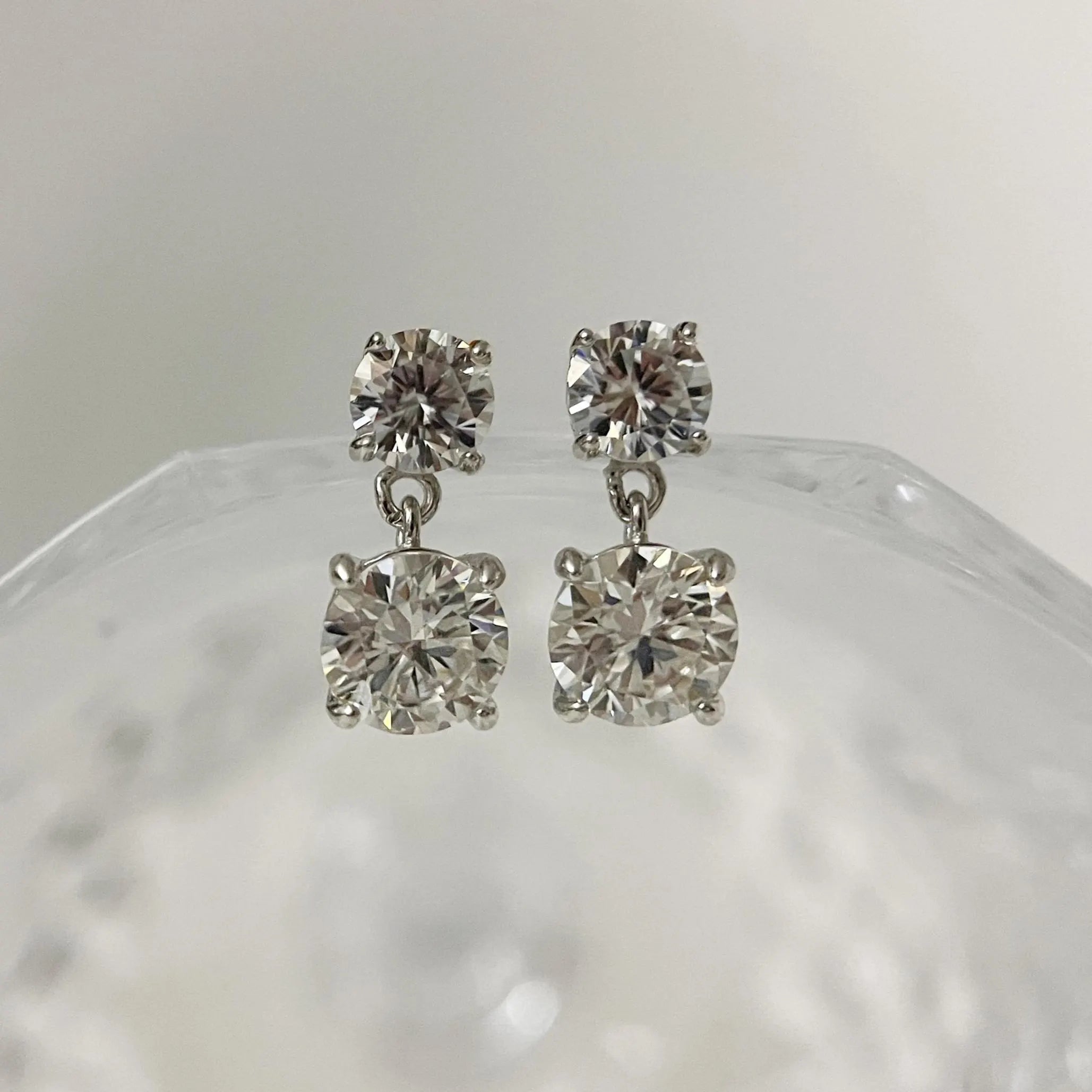 Genuine Moissanite Double Drop Earrings: Platinum Overlay Sterling Silver