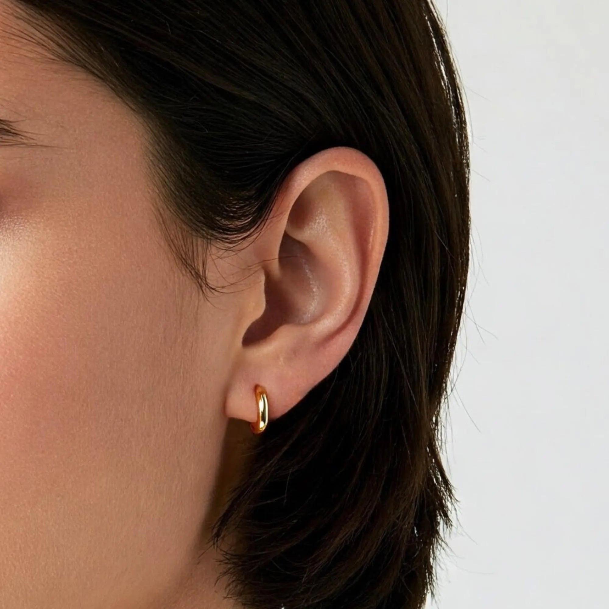 Elegant 14K Yellow Gold Handmade Small 12mm Shiny Huggie Hoop Earrings.