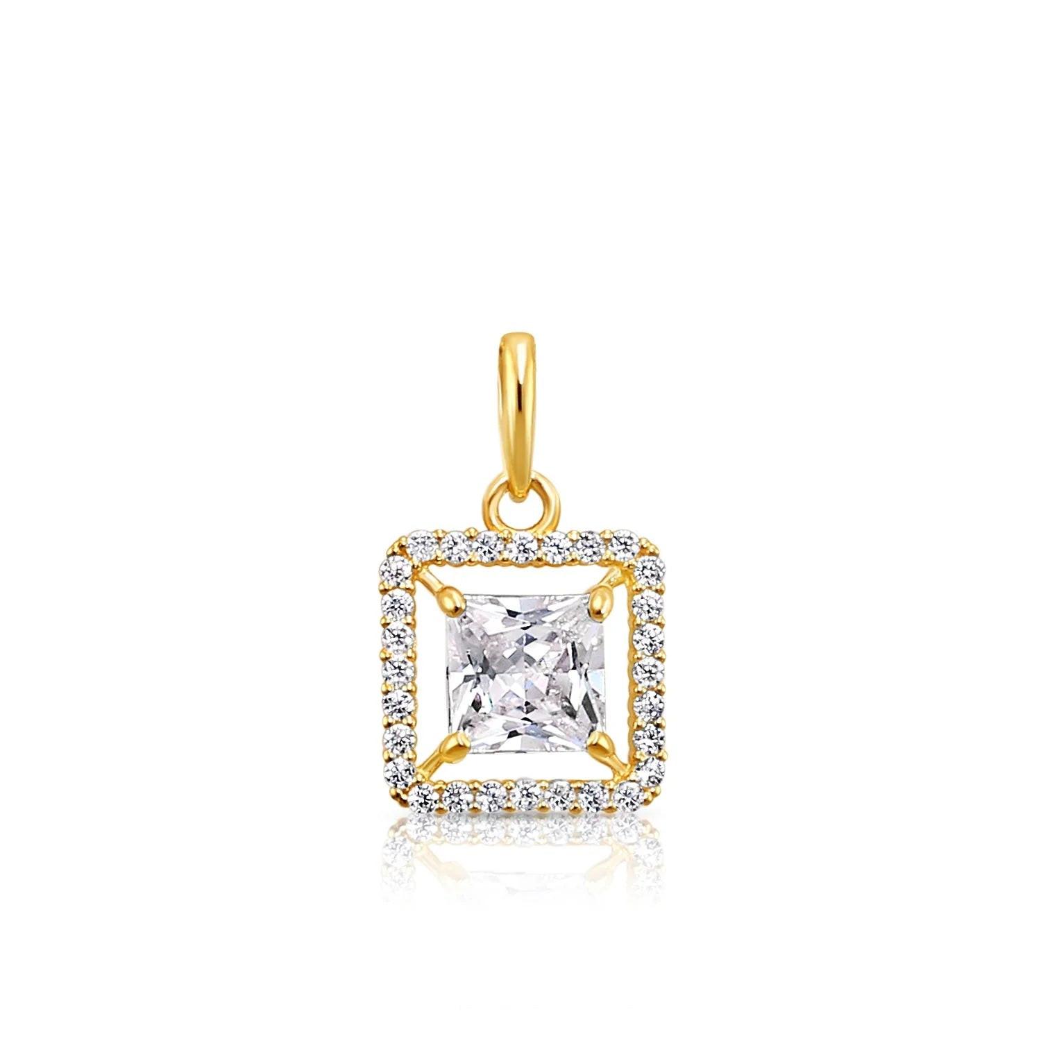 Stunning 14K Yellow Gold Princess-Cut Halo Pendant Necklace.