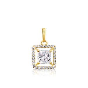 Stunning 14K Yellow Gold Princess-Cut Halo Pendant Necklace.