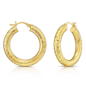 14K Yellow Gold Tornado Hoop Earrings, Bold 4Mm Chunky Gold Hoops, TILO Special Hand Engraved Designer Hoops, 1 Inch Hoops